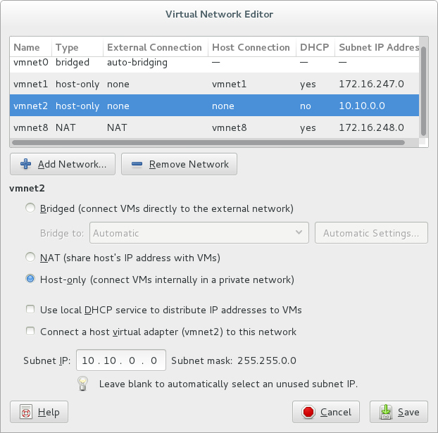 VMware Virtual Network Editor: the uneditable field contains the subnet mask we wanted